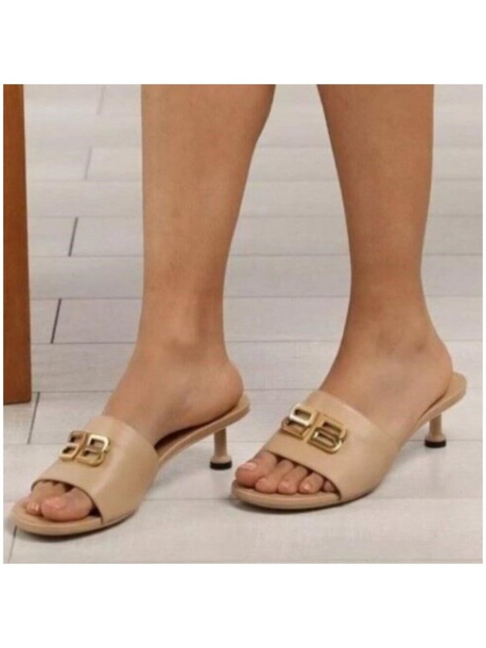 Balenciaga Size395 Groupie BB Logo Slide Sandal Seashell Gold New